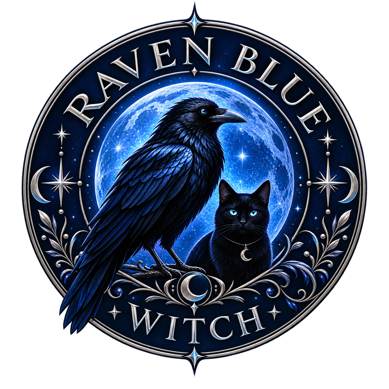 Logo de Raven Blue Witch: cuervo y gato negro frente a una luna azul, con detalles plateados